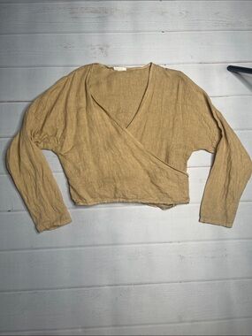 Scandal Italy Linen Wrap Top Beige Tan Ballet Tie Long Sleeves Shrug Cardigan